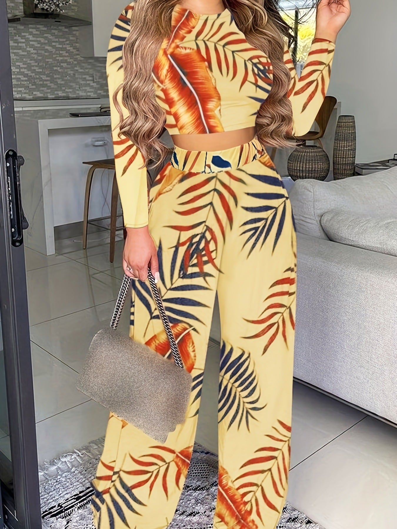 Two-piece Printed Long-sleeve Pants Set For Women