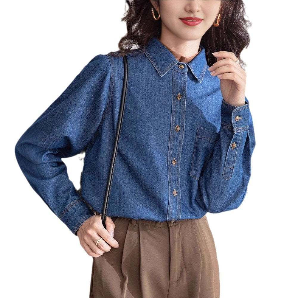 Vintage Straight-shoulder Denim Shirt With Long Sleeves For Layering