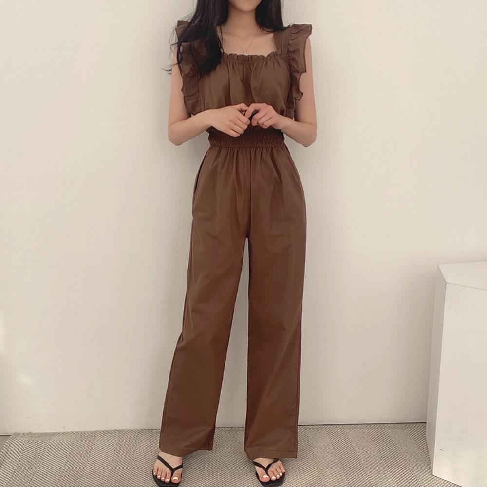 Fransk Retro Jumpsuit Med Firkantet Halsudskæring, Flæser, Flæseærmer, Elastik I Taljen Og Højtaljede Vide Ben Til Kvinder