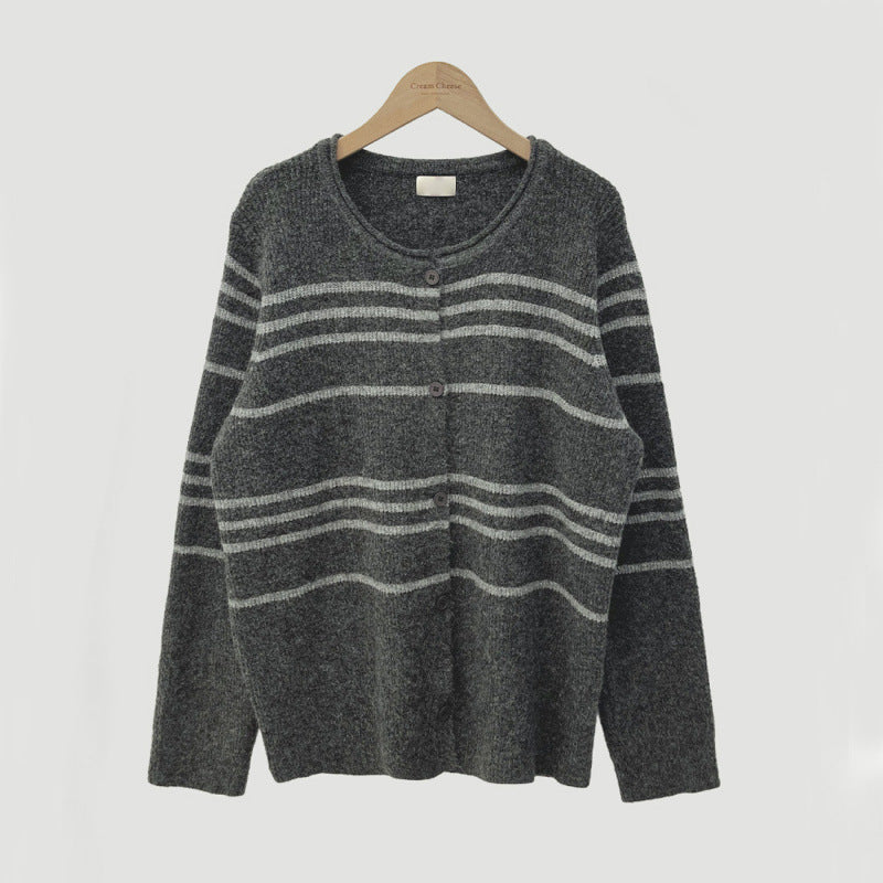 Retro Contrast Color Striped Sweater Coat Knitted Cardigan