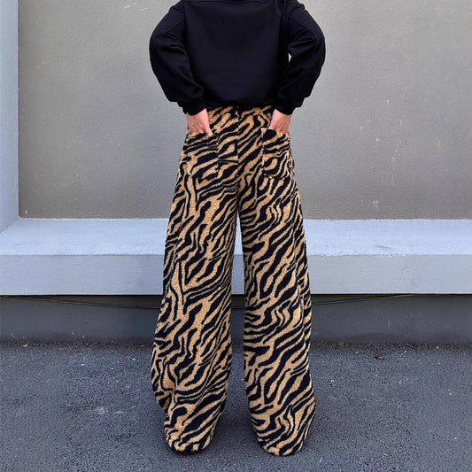 Womens High-Street Coffee-Colored Tiger-Print Casual Pants Warm And Loose-Fitting