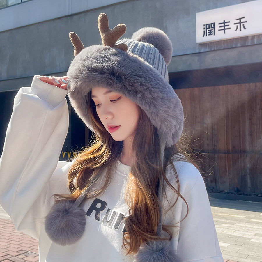 Cute Plush Antler Knitted Hat With Three Hair Balls