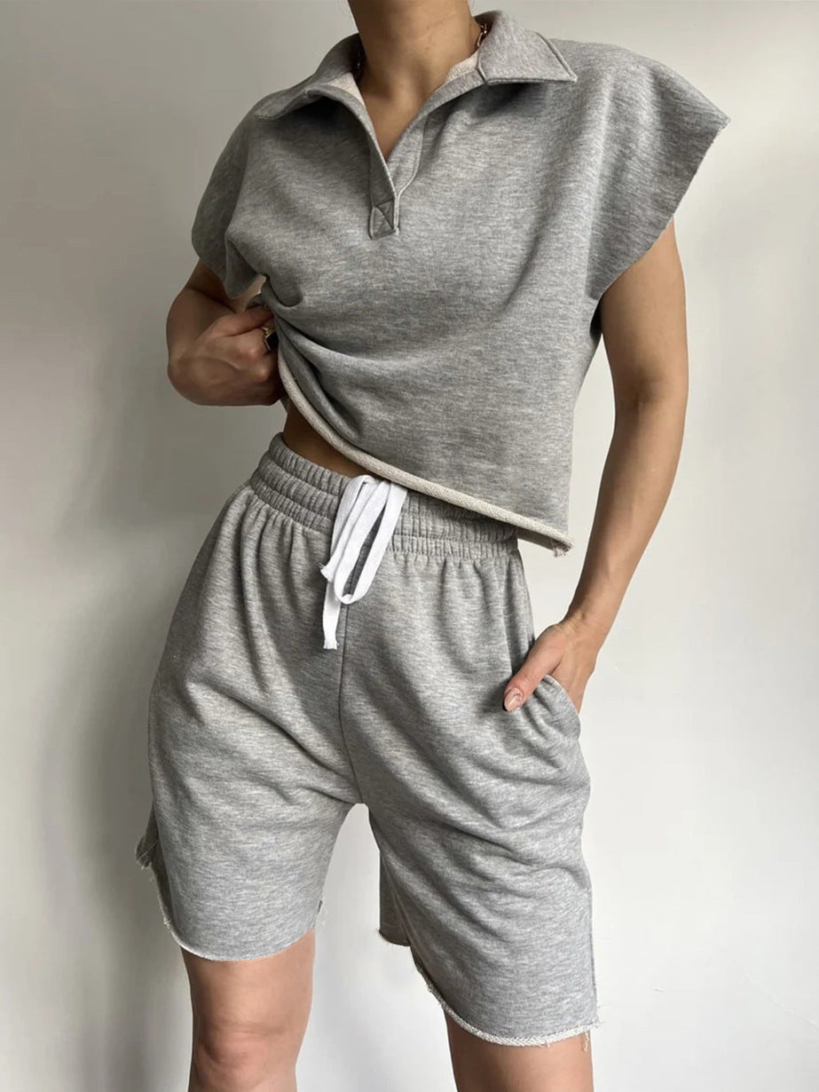 Lapel-collar Full-sleeve Loose Top And Drawstring Shorts Set