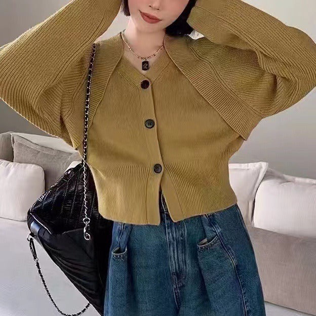 Gentle V-neck Single Breasted Sweater Tight Waist Slimming Casual Knitted Cardigan Top