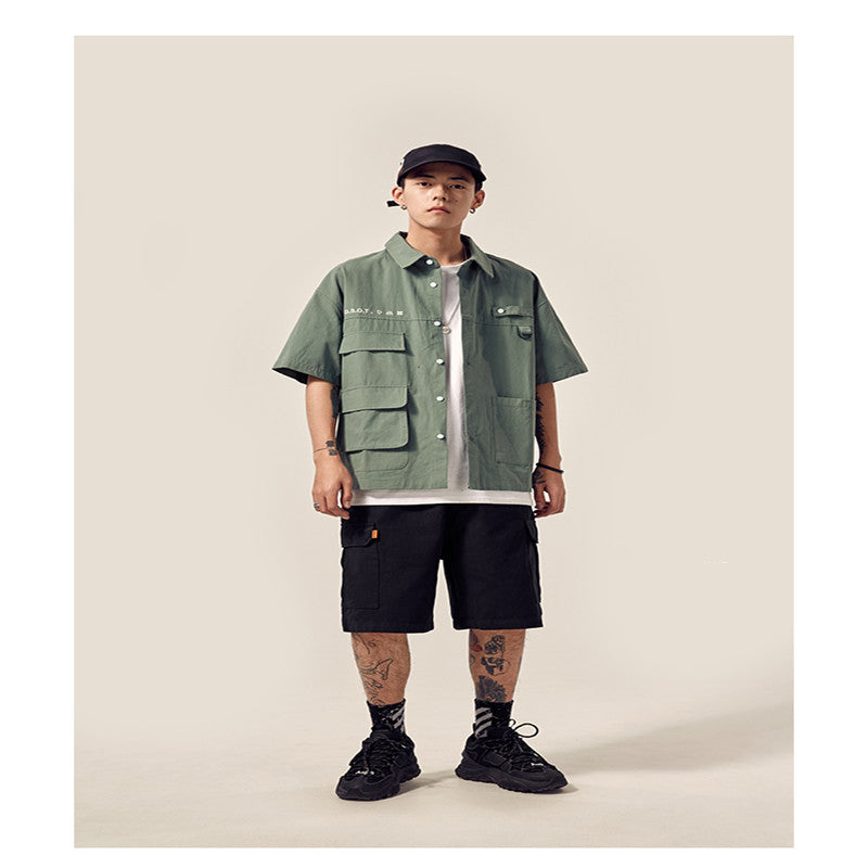Men's tooling pocket lapel shirt short sleeve