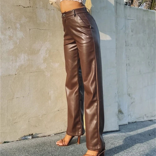 PU Trousers High Waist Loose Wide-leg Leather Pants Casual Trousers