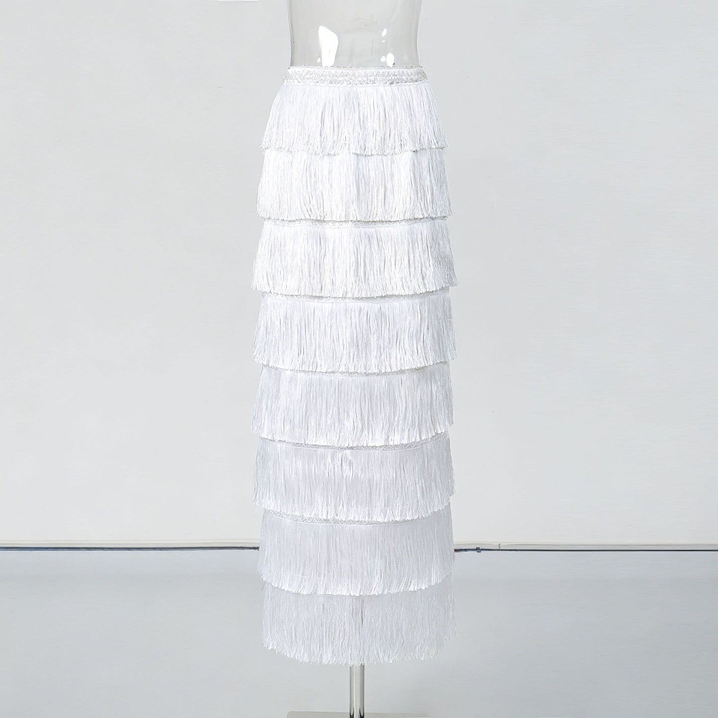 Fashionable Tassel-trimmed Layered Solid-color High-waisted Long Skirt
