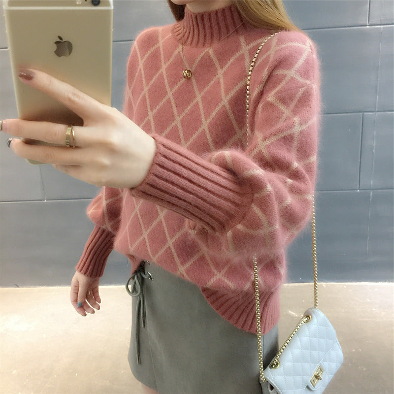 Korean Style Trendy Diamond Grid Pullover Knitted Sweater