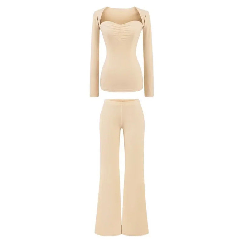 Sleeveless Long-Sleeve Draped Knit Flare Pants Set