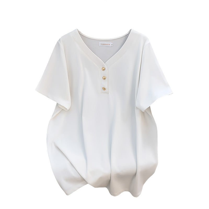 V-neck New Plus-sized Plus Size Slimming Loose Mid-length Short Sleeve