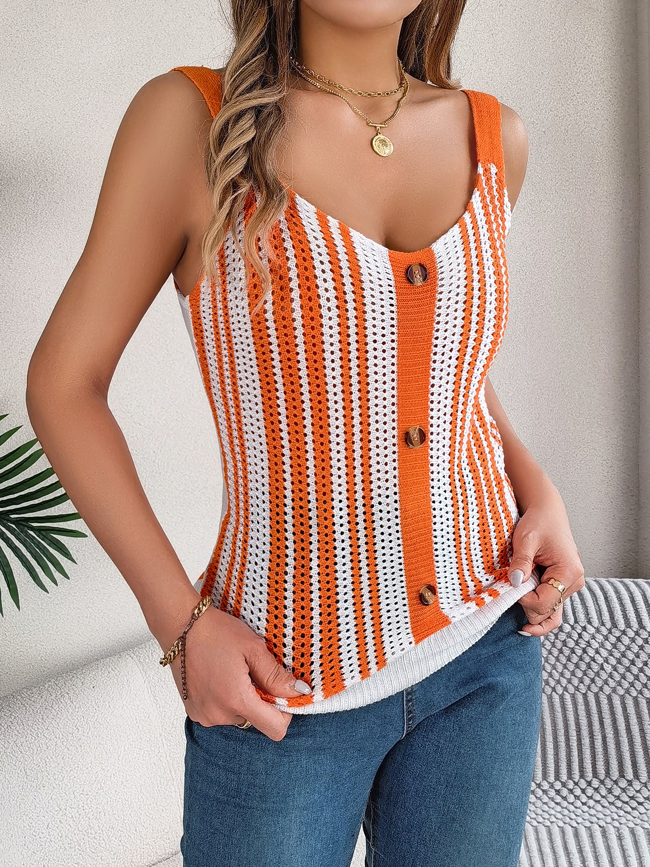 V-Neck Buttoned Color Block Hollow Out Knit Top - Vacation Cami