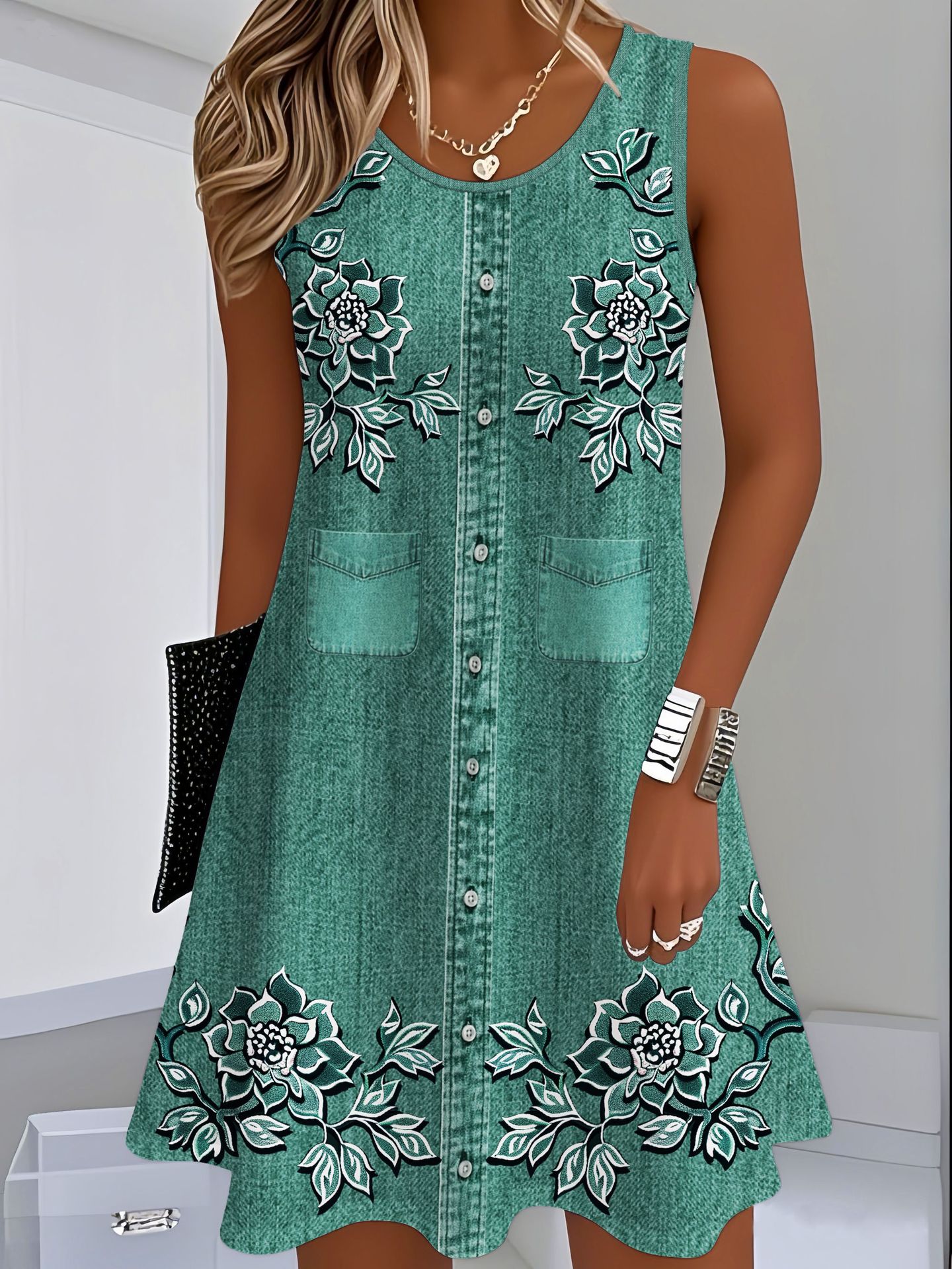 Sleeveless Straight-cut Loose-fitting Digital-print Slip Dress