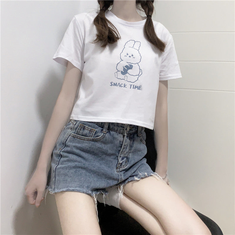 Cute Short Sleeve T-shirt Women's High Waist Cropped Navel