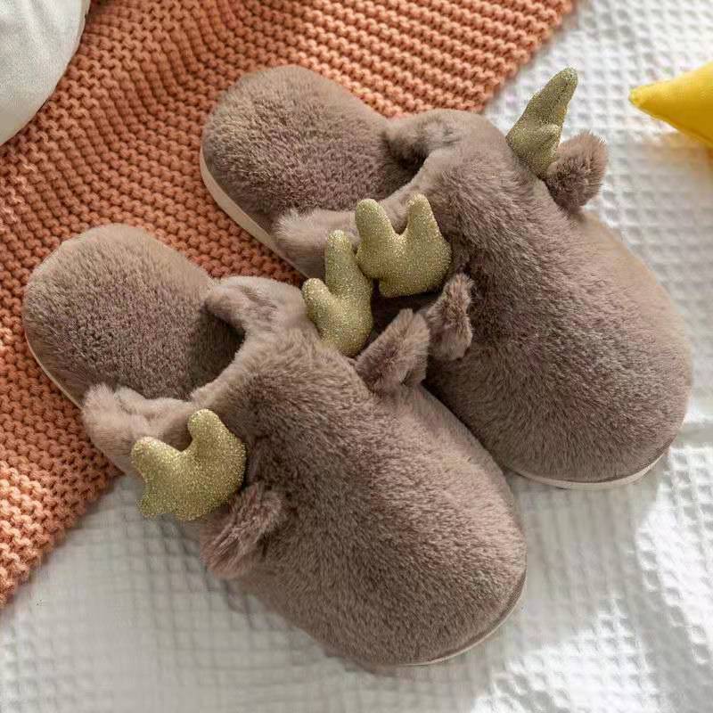 Women's Small Antler-shaped Rabbit Plush Slippers