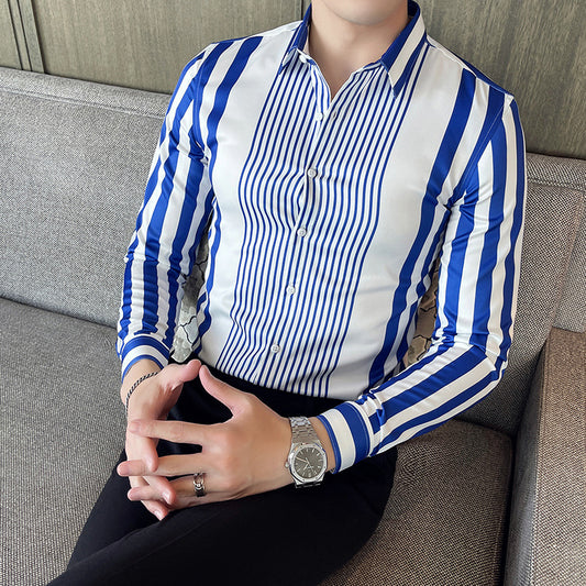 Striped Pointed Collar Non-iron Shirt Long Sleeve Casual Ice Silk
