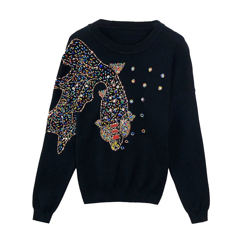 Women's Beads Rhinestones Goldfish Sequined Pullover Sweater
