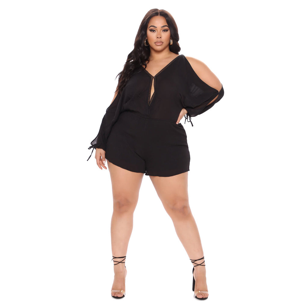 Women's Fashion Casual Solid Color V-Neck Doll Sleeve Jumpsuit