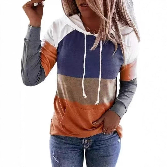 Fashion Casual Long Sleeve Loose Casual Color Block Hooded Sweatshirt