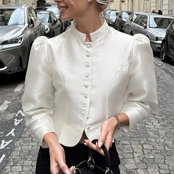 Women's Stand Collar Puff Sleeve Elegant Shirt