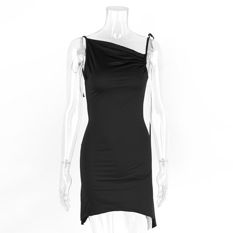 Irregularly Pleated Strap Cross-Neckline Dress
