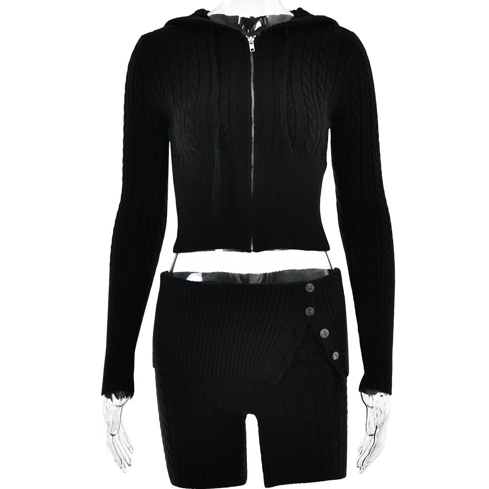 Sweater Knitted Hooded Top Shorts Long Sleeve Two-piece Set