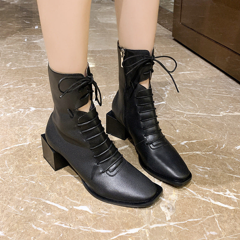 Lace-up Retro Mid-tube Boots Women's Fashion Trend Autumn And Winter