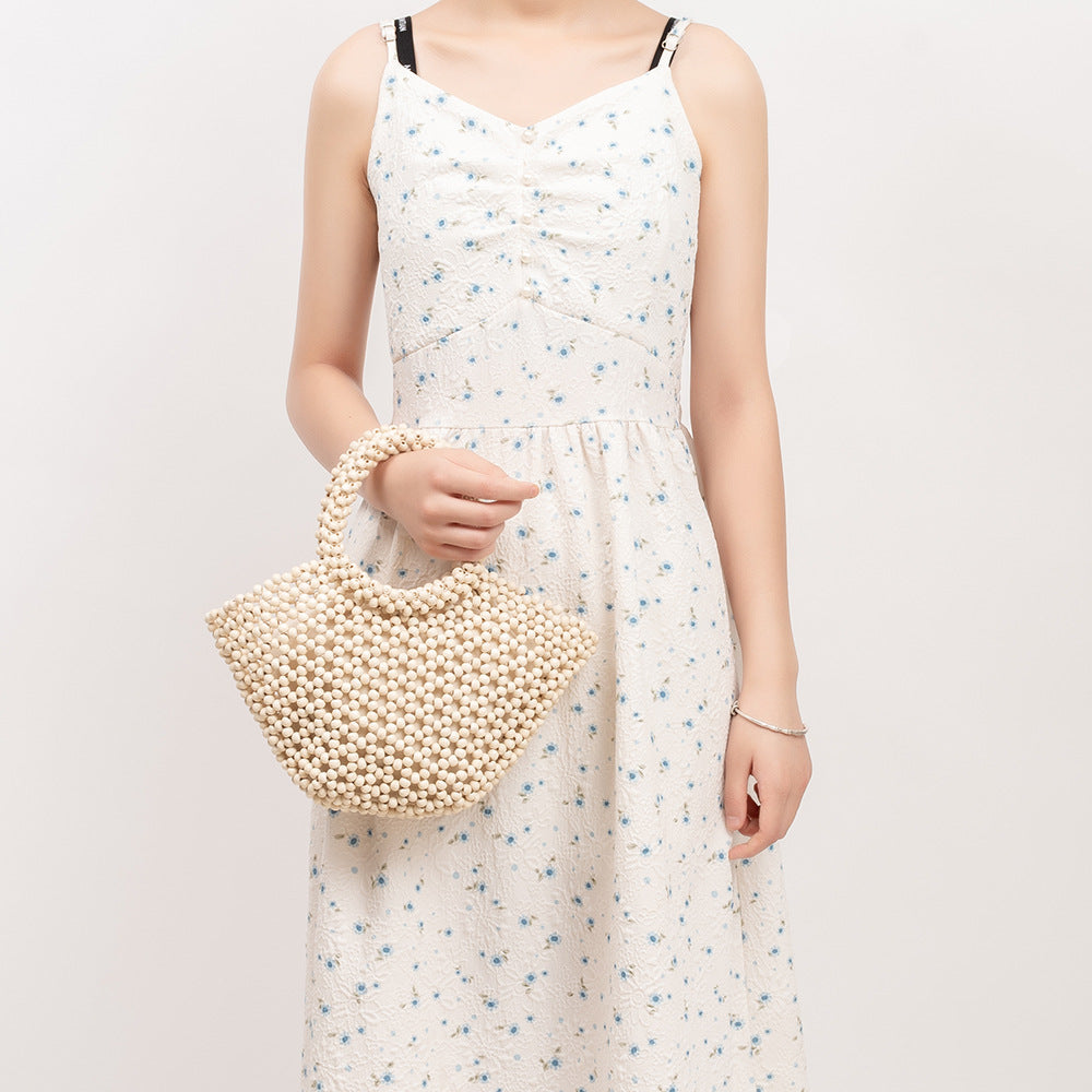Hand-woven Seaside Beach Vacation Hollow Handbag With Wooden Beads Decoration