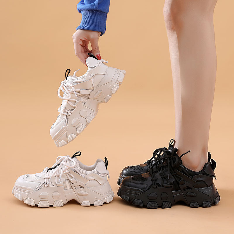 Colorblock Dad Shoes Women's Leather Thick Sole Mesh