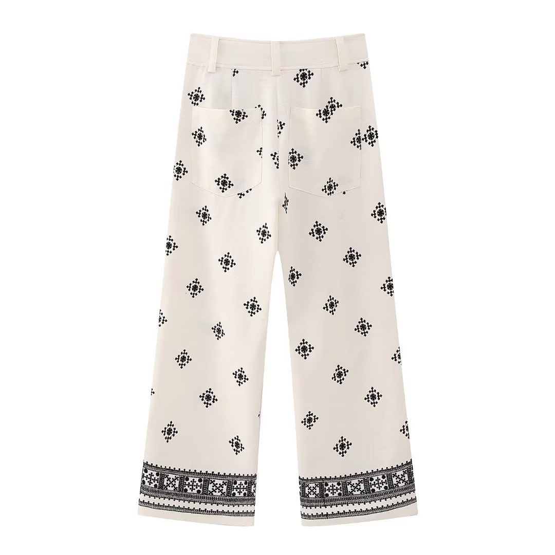 Geometric Embroidery Wide Leg Straight Casual Pants