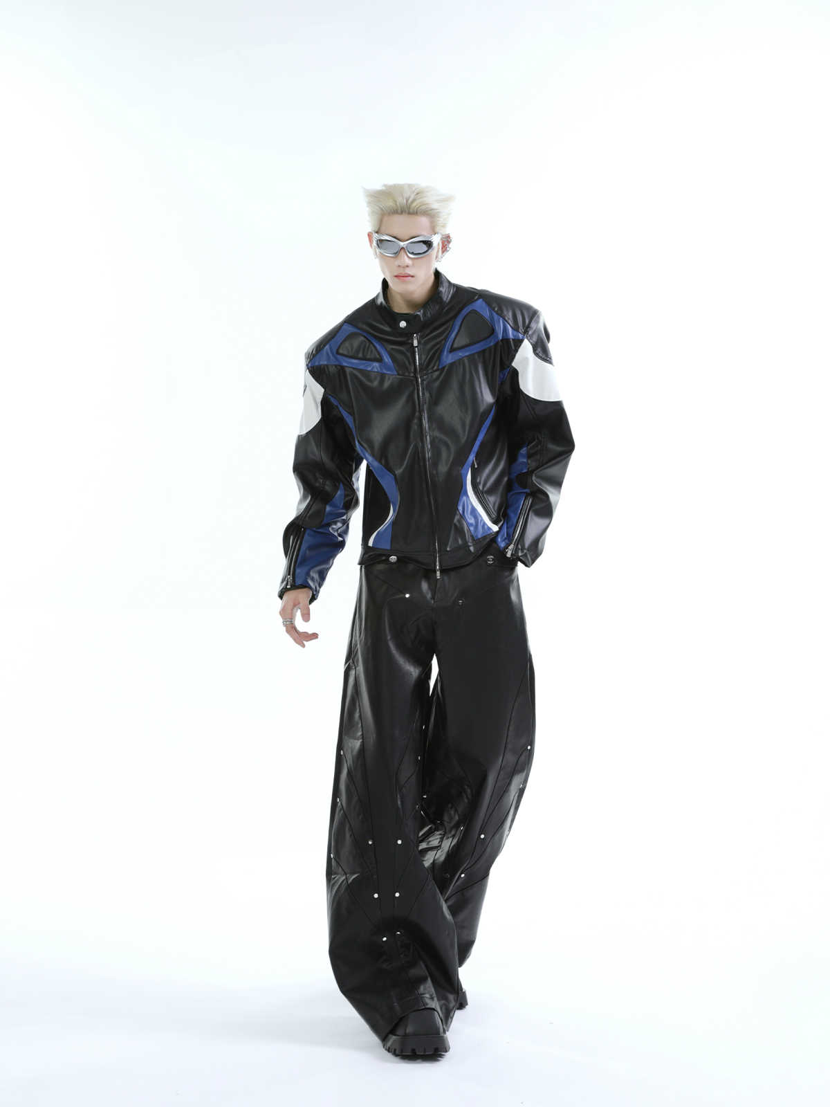 Stitching Contrast Color PU Leather Motorcycle Trendy Fried Street Pu Handsome Coat