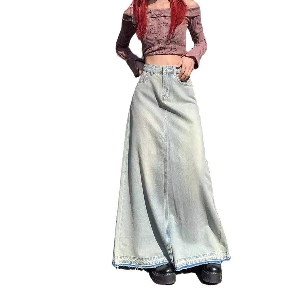 Light Color Retro Washed Denim Skirt For Women