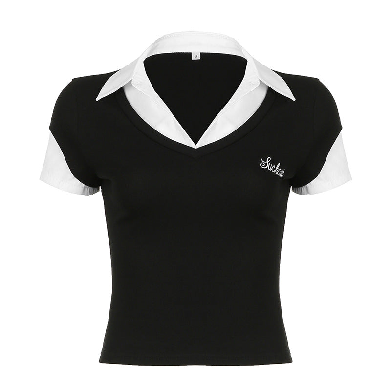 American College Style Polo Collar Stitching Fake Two Pieces Short Sleeve
