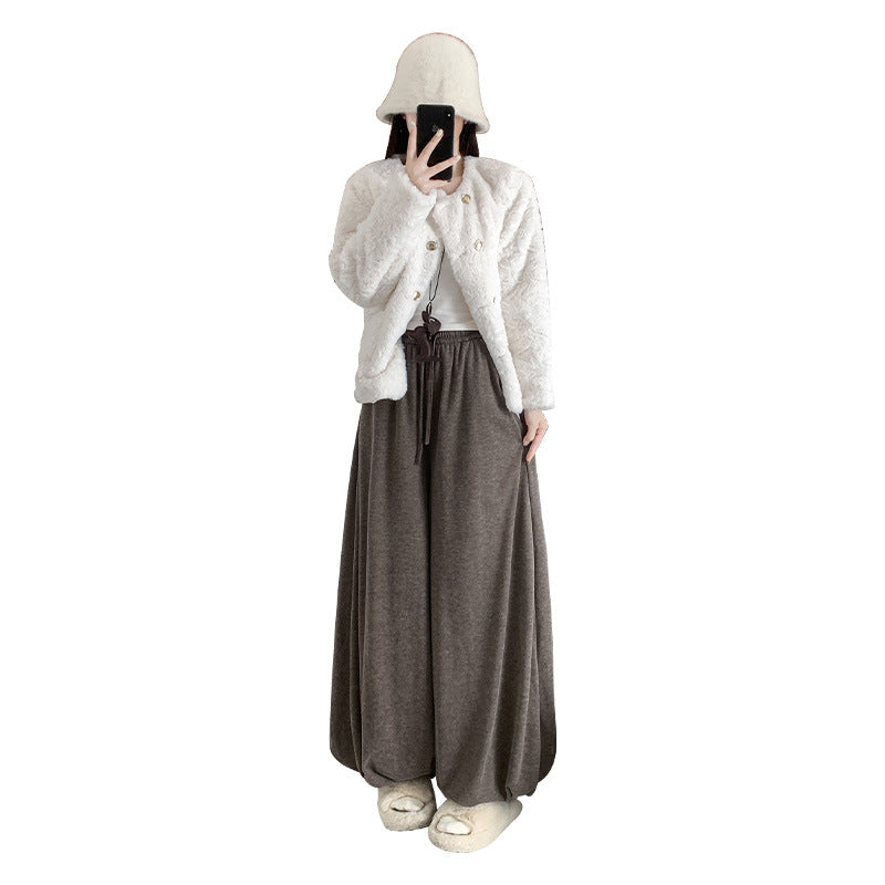 Womens High-Waisted Fleece-Lined Solid-Color Lamb Wool Bloomer Culottes