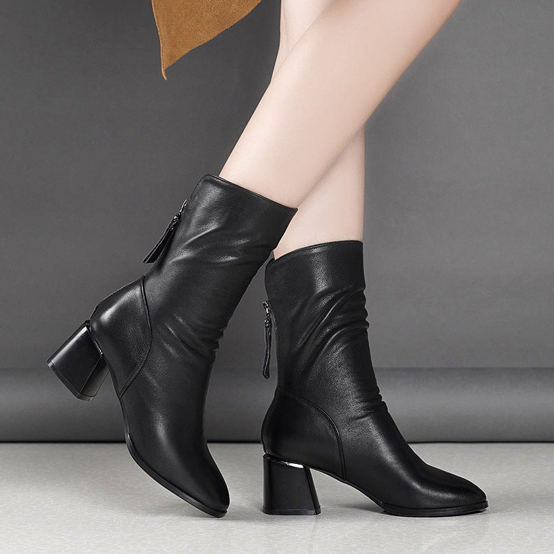 Autumn And Winter Women's Pointed Thick Heel And Fleece Martin Boots