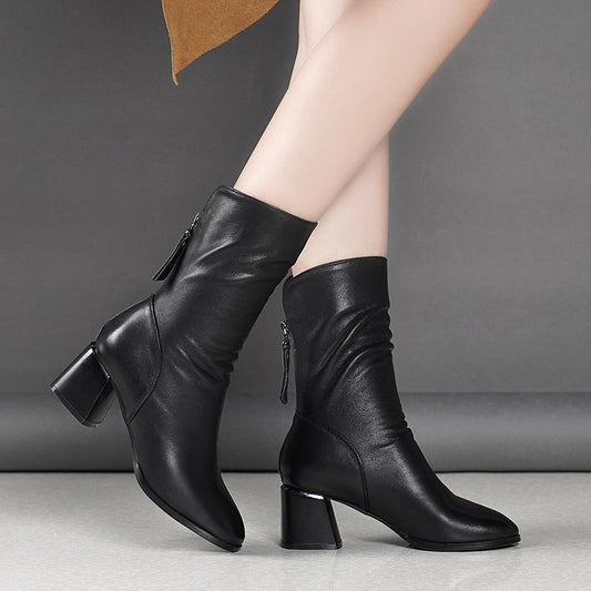 Autumn And Winter Women's Pointed Thick Heel And Fleece Martin Boots