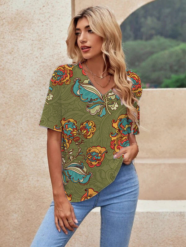 Printed Short Sleeve Urban Loose Casual Women's V Neck T Shirt