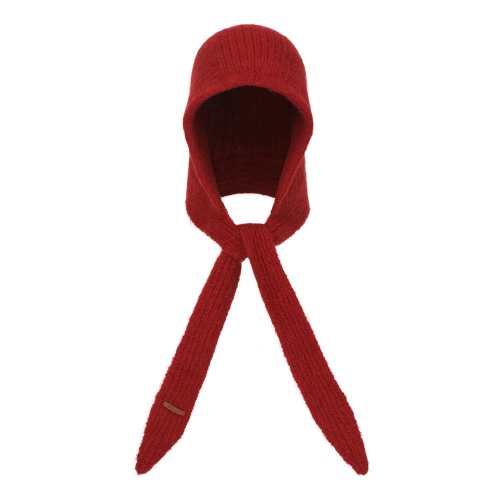 Single Piece Warm Red Knit Earflap Hat And Scarf For Fall And Winter