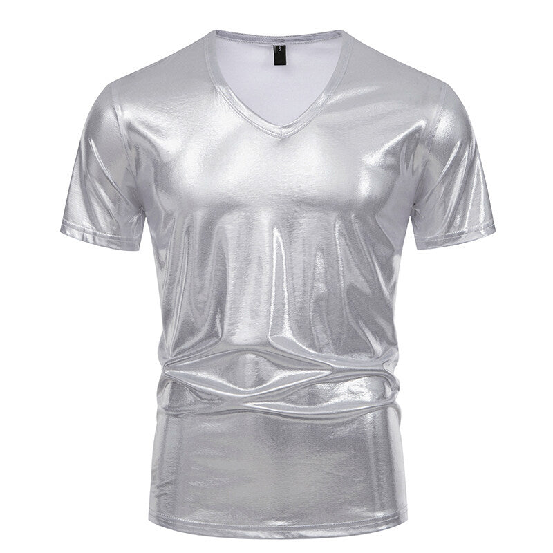 Summer Men's Glossy Bronzing T-shirt Male V-neck