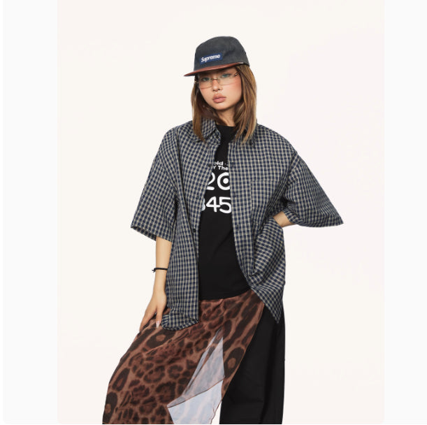 Basic American Retro Casual Plaid Short Sleeve