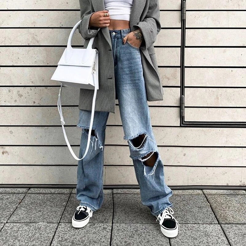 New style ripped high-rise wide-leg jeans