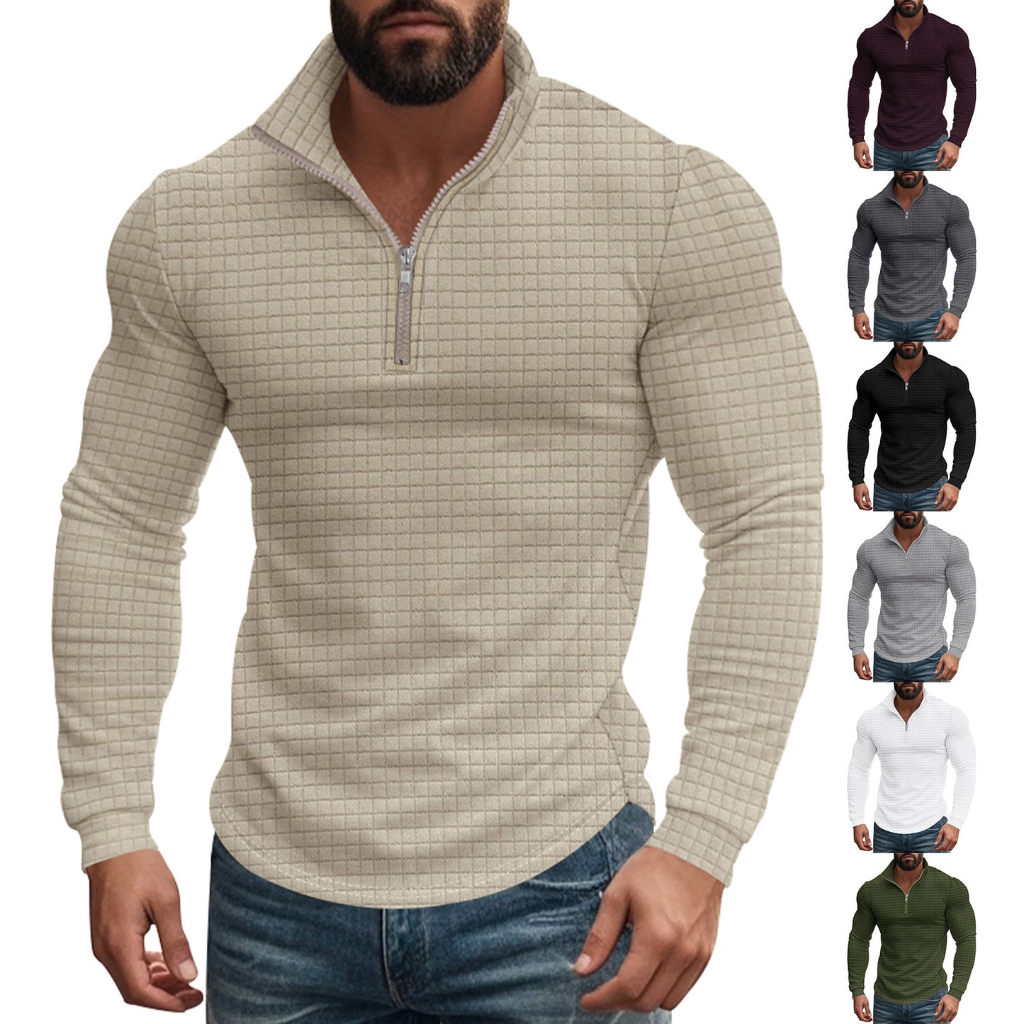 Half Zipper Small Plaid Casual Stand Collar Long Sleeve Sweater