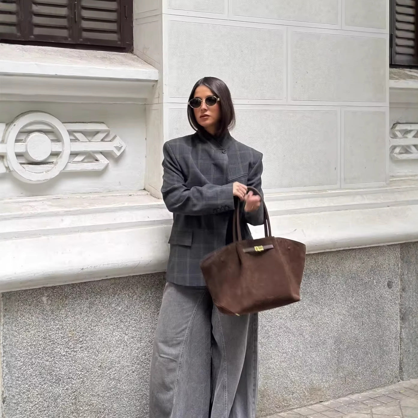 Womens Plaid Stand Collar Single-Breasted Long-Sleeve Casual Blazer