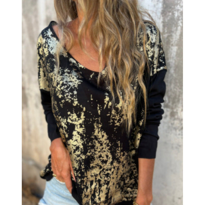 Digital-print V-neck Casual And Comfortable Long-sleeve Top
