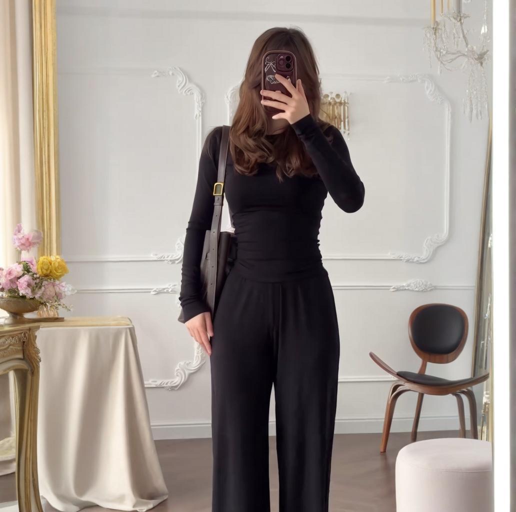 Women's Round Neck Solid Color Wide Leg Pants Stylish Office Suit