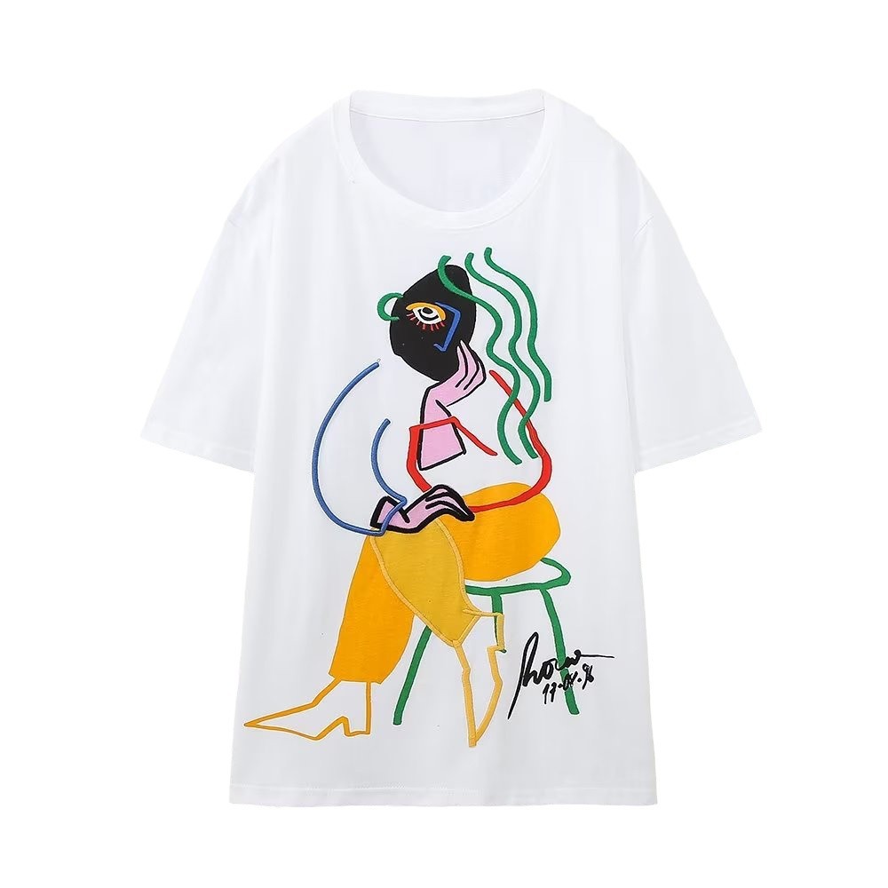Women's Printing Color Contrast Round Neck Short Sleeve T-shirt