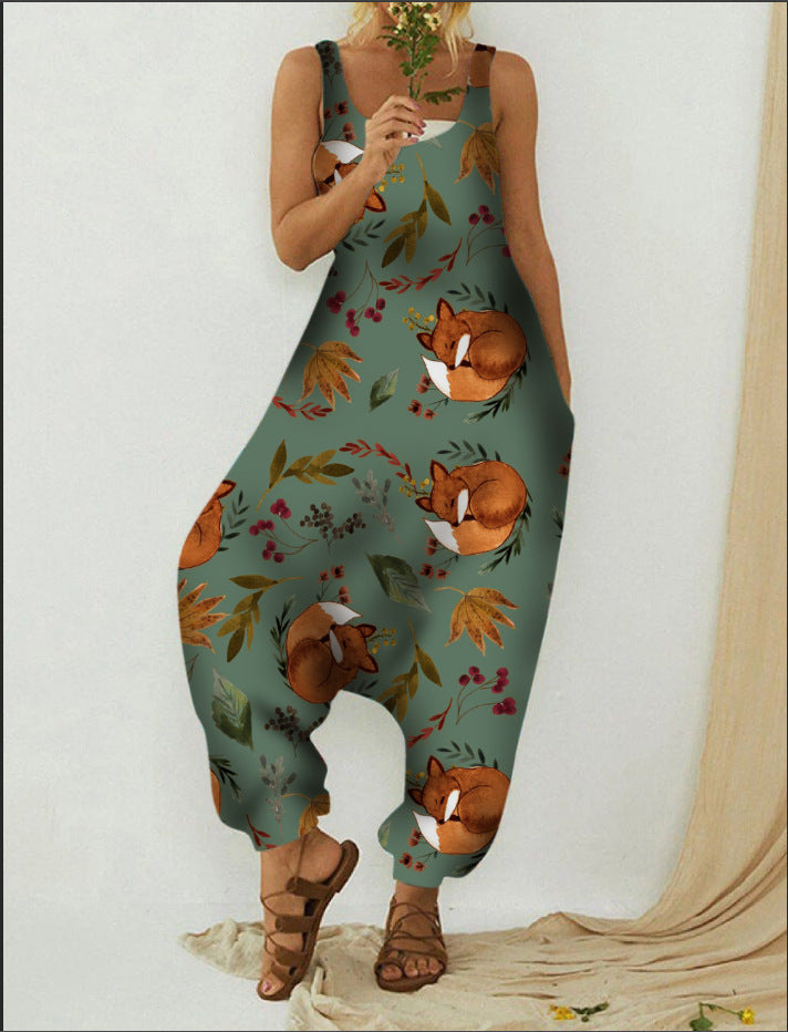 Cute Animal Print Loose Plus Size Casual Beach Overalls