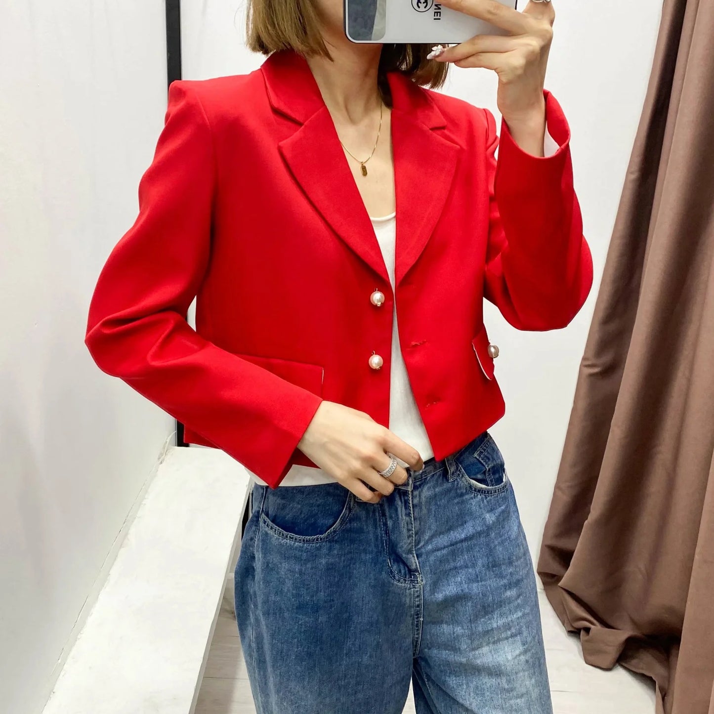 Blazer casual corto con botones de perla sólidos