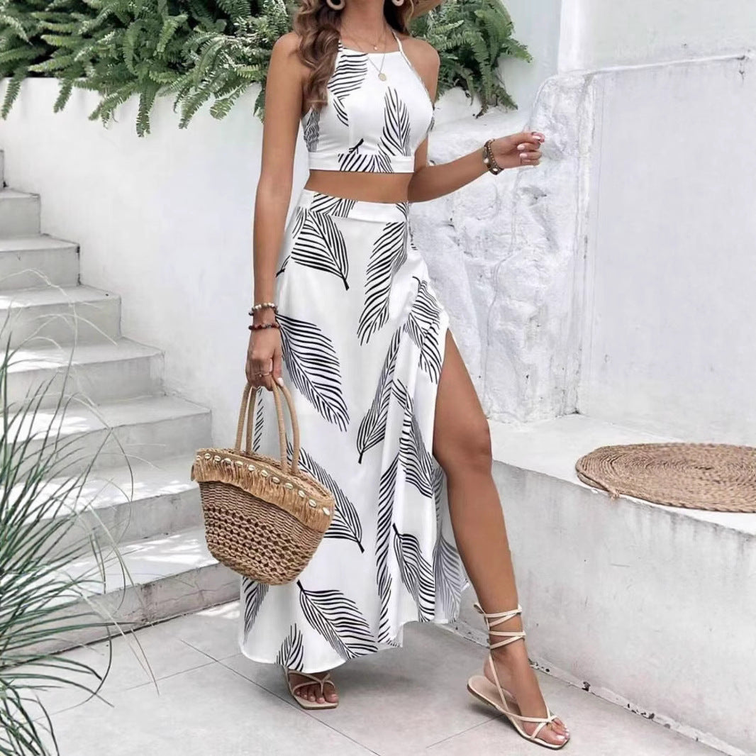 Strapless Sleeveless Top And Slit Skirt Set For Women