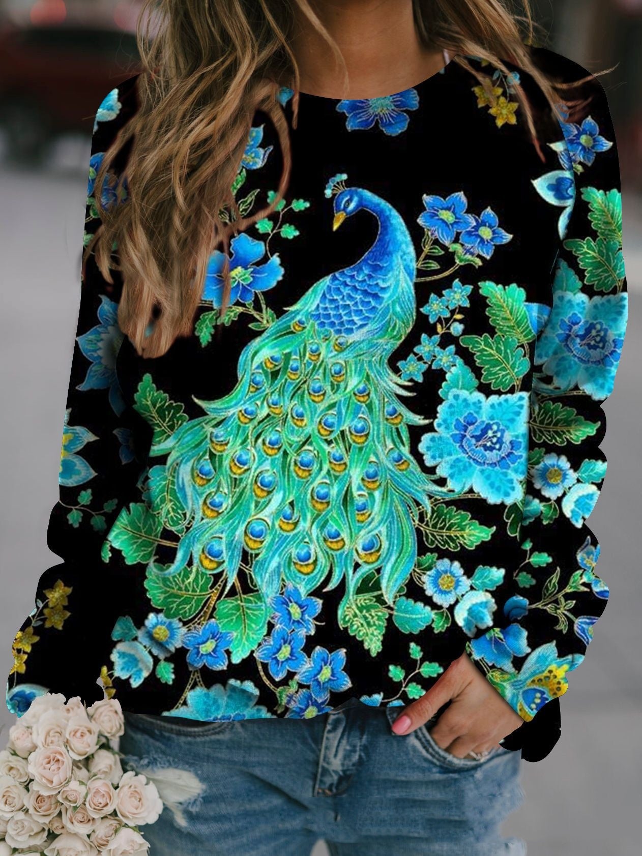 Autumn Animal Graphic Print Crew Neck Raglan Long-sleeved Top