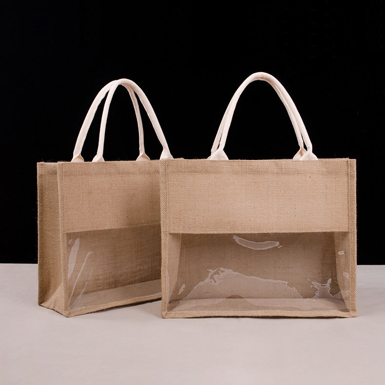 Transparent Film Splicing Visual Shopping Large Capacity Portable Burlap Bag